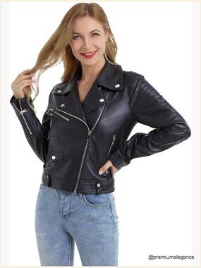 Faux Leather Crop Moto Biker Jacket Slim Zip Up Short Coat
